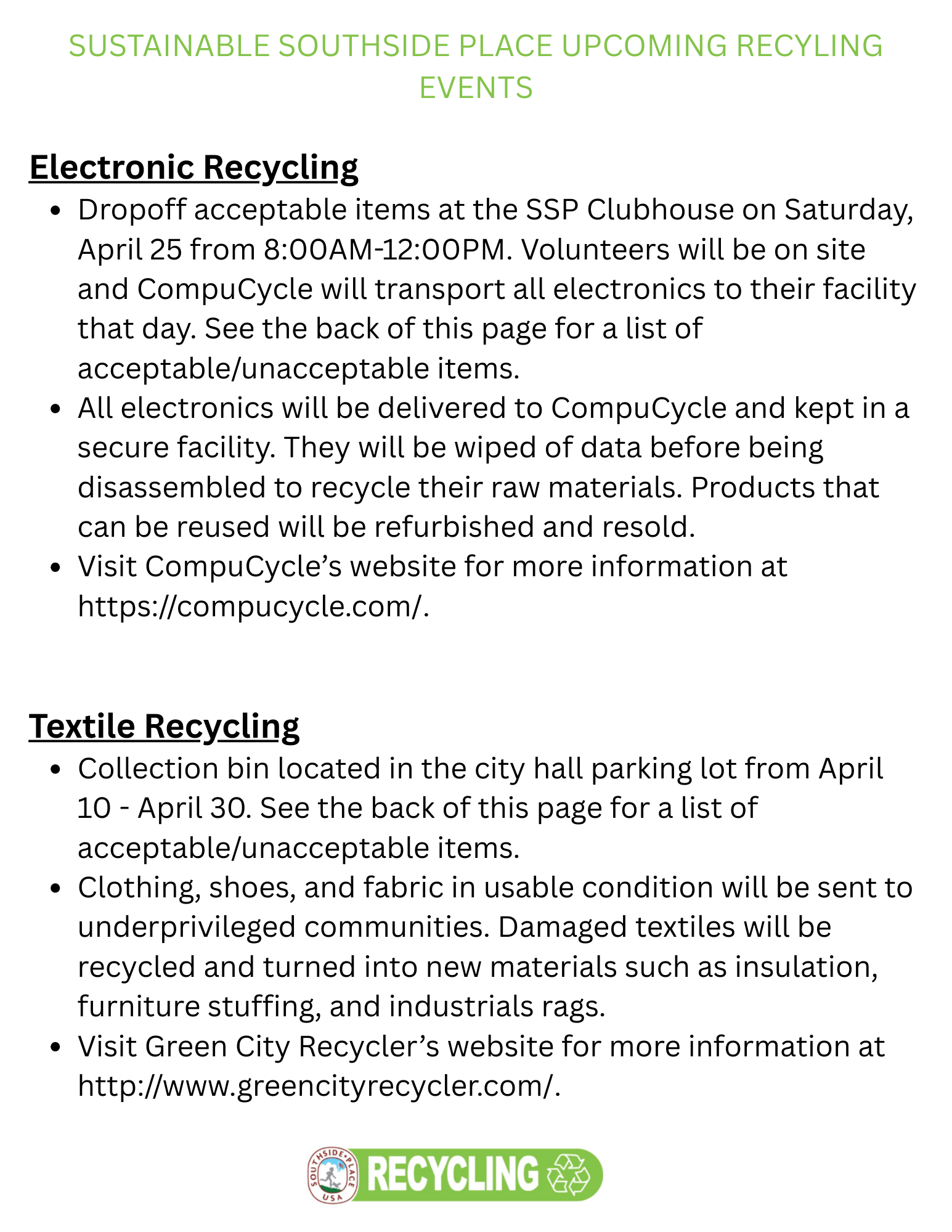 SPRING 2026 SUSTAINABLE SOUTHSIDE PLACE EVENTS